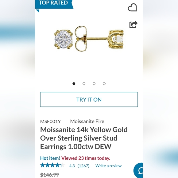 14k Moissanite Yellow Gold Over Sterling Silver Stud Earrings 1.00ctw DEW - Picture 7 of 8